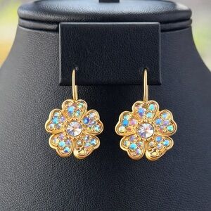 Authentic Swarovski Vintage Flower Earrings, Aurora Borealis Pavé, Yellow Gold